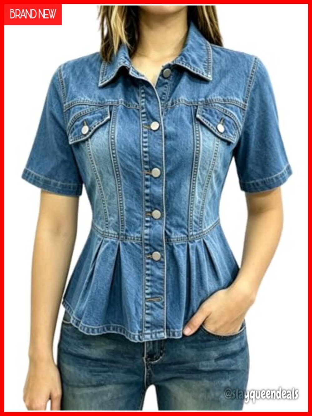 Short Sleeve Peplum Denim Jacket Button Down Pockets Raw Hem Women's